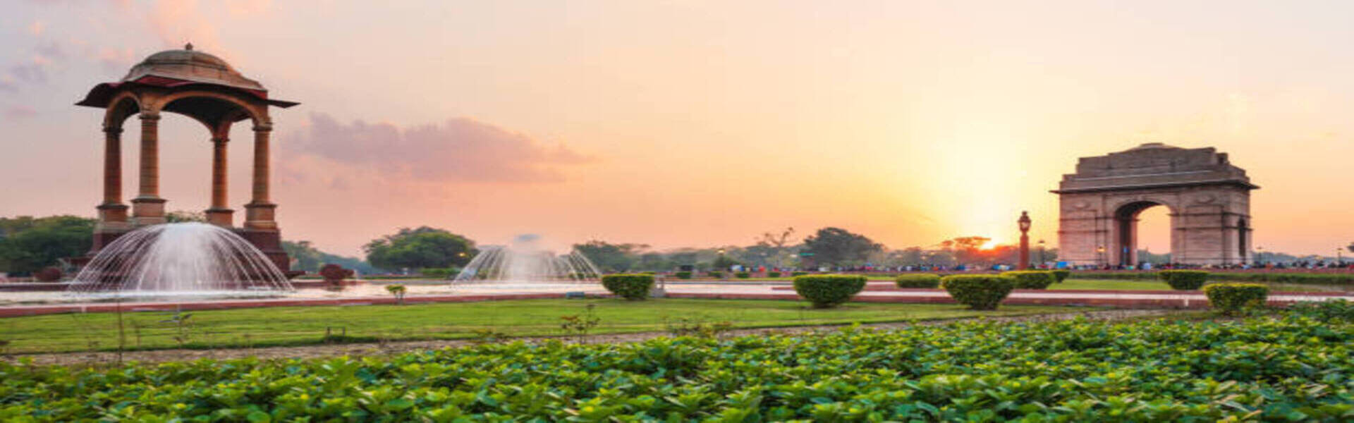 The Canopy and the India Gate at sunset in New Delhi, view from the National War Memorial.